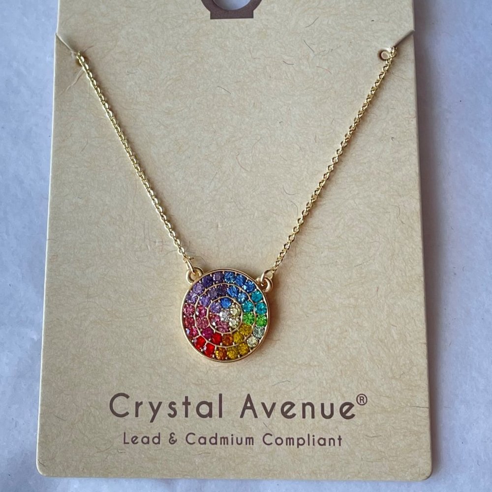 Rainbow Cubic Zirconia Disc Pendant Necklace Gold - Picture 3 of 3